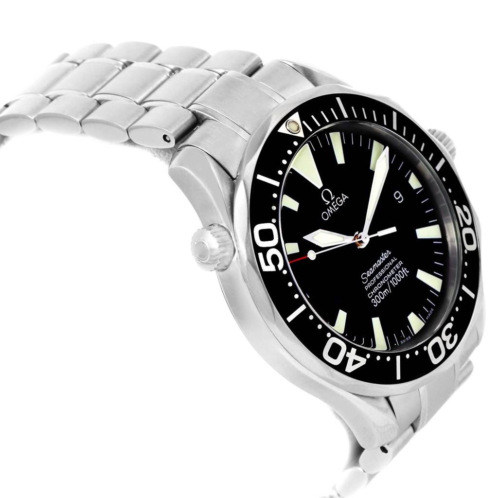 The Omega Seamaster 2254.50.00 Men
s Stainless Steel Black Dial 2254.50.00 Men
s Stainless Steel Black Dial watch is shown at a slight diagonal angle, highlighting the bezel, dial, crown, and metal bracelet.