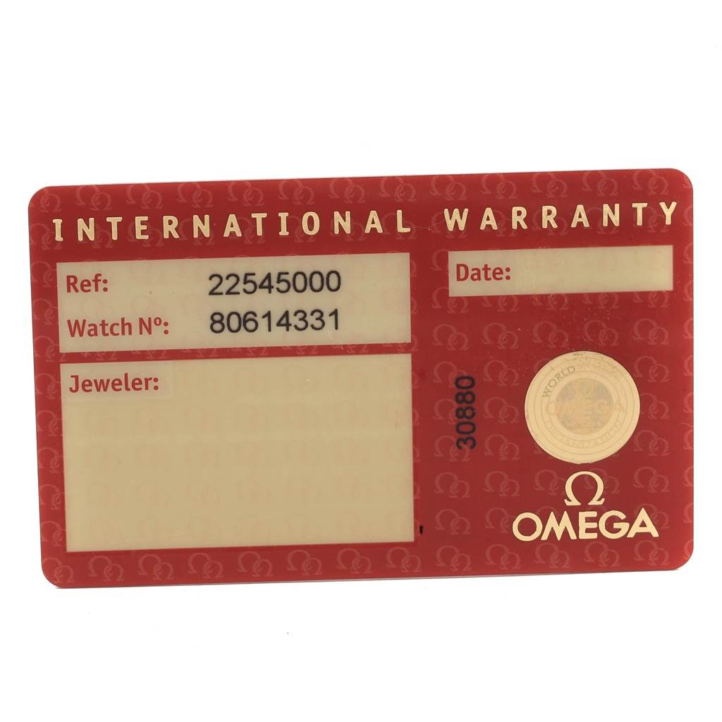 The image shows an Omega Seamaster 2254.50.00 Men
s Stainless Steel Black Dial 2254.50.00 Men
s Stainless Steel Black Dial International Warranty card with reference, watch number, jeweler, and date fields.