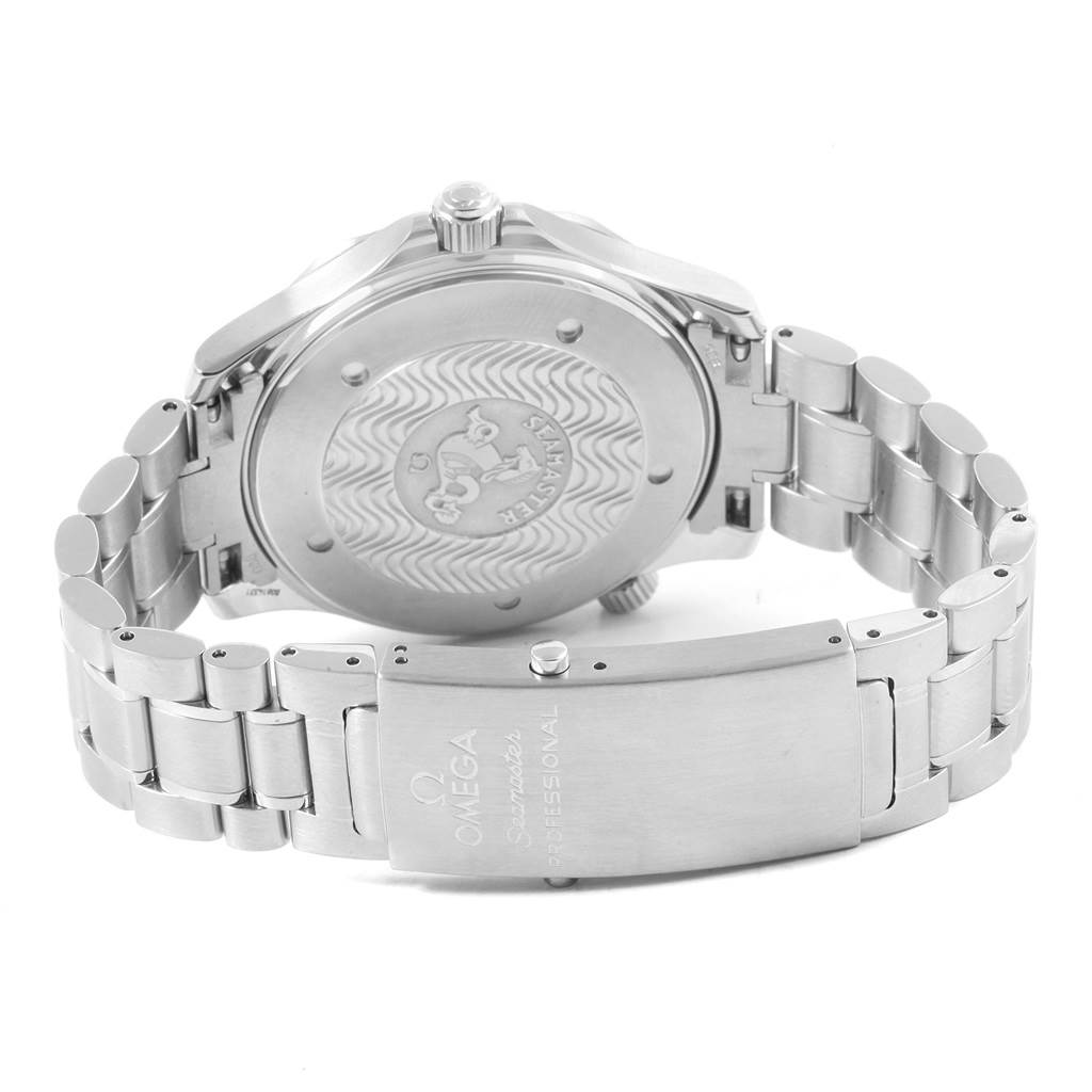 This is a rear view of the Omega Seamaster 2254.50.00 Men
s Stainless Steel Black Dial 2254.50.00 Men
s Stainless Steel Black Dial watch, showing the case back and metal bracelet with a clasp.