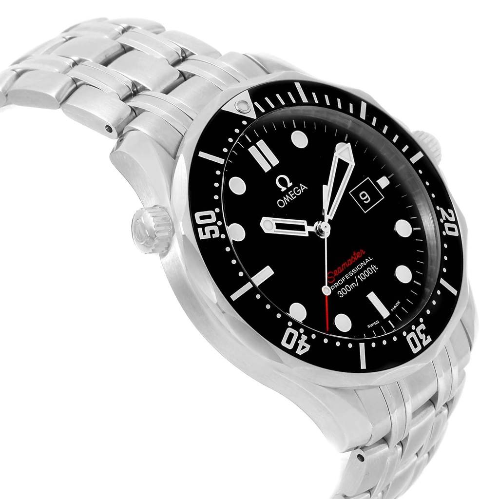 The image shows a side angle of the Omega Seamaster 212.30.41.61.01.001 Men
s Stainless Steel Black Dial 212.30.41.61.01.001 Men
s Stainless Steel Black Dial watch, displaying the black dial, bezel, and stainless steel bracelet.