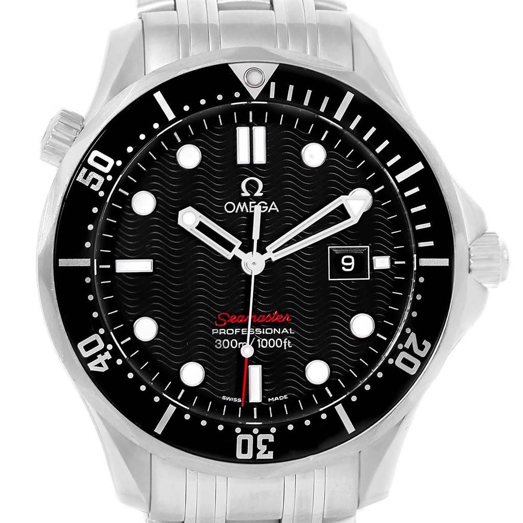 The image shows a front view of an Omega Seamaster 212.30.41.61.01.001 Men
s Stainless Steel Black Dial 212.30.41.61.01.001 Men
s Stainless Steel Black Dial watch, highlighting the dial, bezel, and stainless steel bracelet.