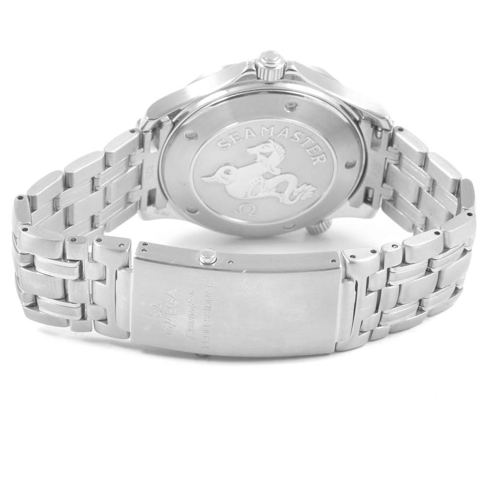 The image shows the backside of an Omega Seamaster 212.30.41.61.01.001 Men
s Stainless Steel Black Dial 212.30.41.61.01.001 Men
s Stainless Steel Black Dial watch, highlighting the case back and metal bracelet.