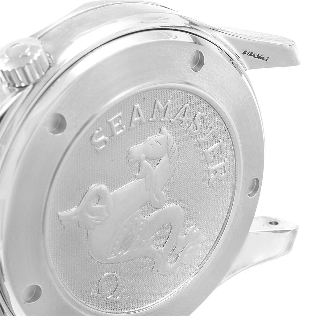 The image shows the back case of the Omega Seamaster 2220.80.00 Men
s Stainless Steel Blue Dial 2220.80.00 Men
s Stainless Steel Blue Dial watch, highlighting its logo and part of the crown.