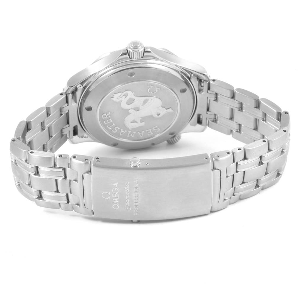 The image shows the back and bracelet clasp of an Omega Seamaster 2220.80.00 Men
s Stainless Steel Blue Dial 2220.80.00 Men
s Stainless Steel Blue Dial watch, featuring the engraved case back and branded clasp.