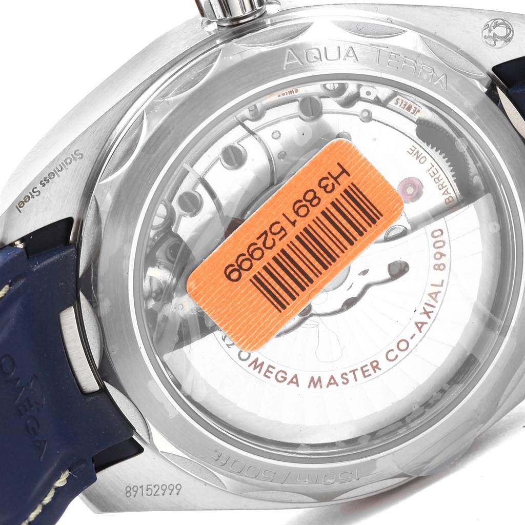 The image shows the back view of an Omega Seamaster 220.12.41.21.06.001 Men
s Stainless Steel Grey Dial 220.12.41.21.06.001 Men
s Stainless Steel Grey Dial Aqua Terra, revealing its transparent case back and internal mechanism.