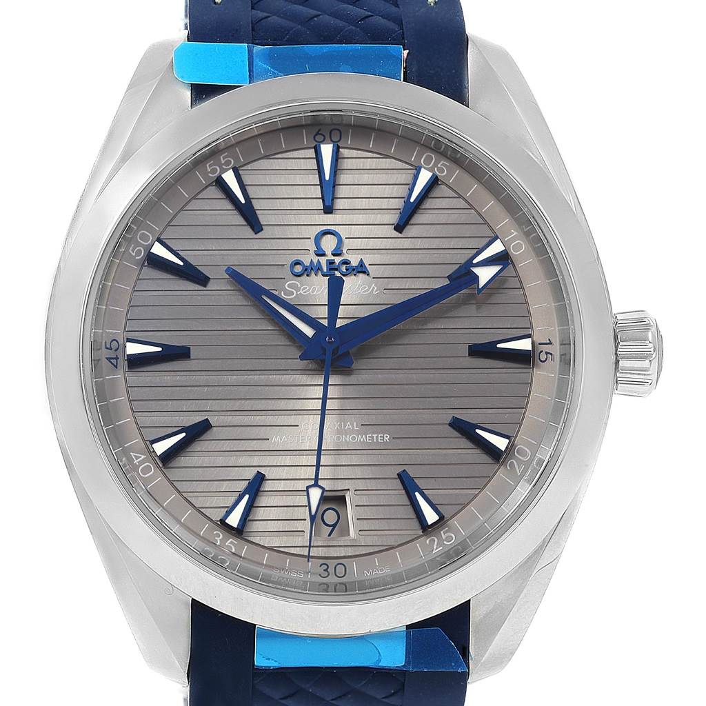 This image shows the face of an Omega Seamaster 220.12.41.21.06.001 Men
s Stainless Steel Grey Dial 220.12.41.21.06.001 Men
s Stainless Steel Grey Dial watch, highlighting its dial, hour markers, and distinctive blue strap.