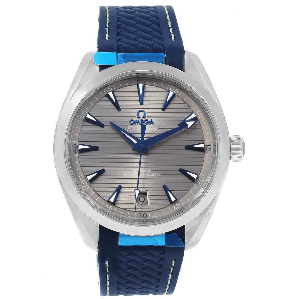 The image shows a frontal view of the Omega Seamaster 220.12.41.21.06.001 Men
s Stainless Steel Grey Dial 220.12.41.21.06.001 Men
s Stainless Steel Grey Dial watch, highlighting the dial, bezel, and blue strap.