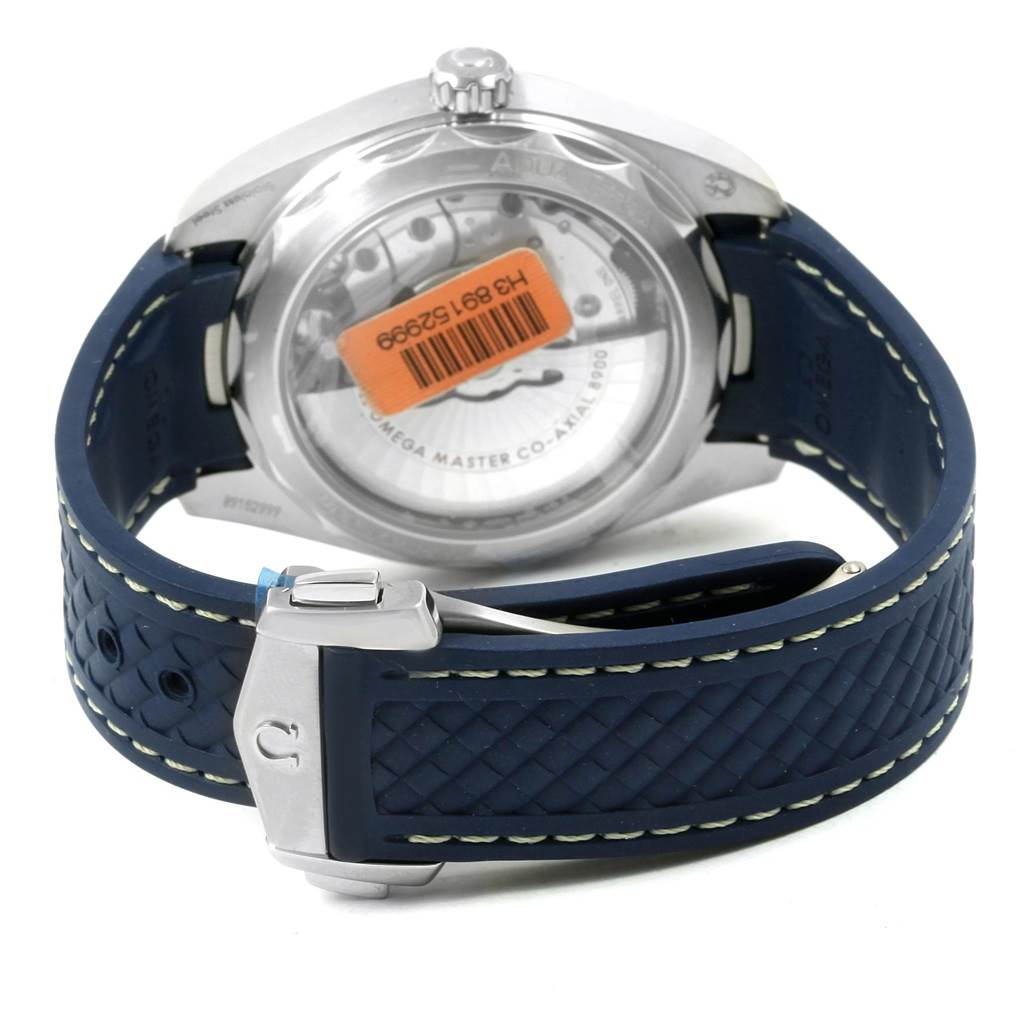 This image shows the back view of an Omega Seamaster 220.12.41.21.06.001 Men
s Stainless Steel Grey Dial 220.12.41.21.06.001 Men
s Stainless Steel Grey Dial watch, highlighting its strapped blue band and case back.