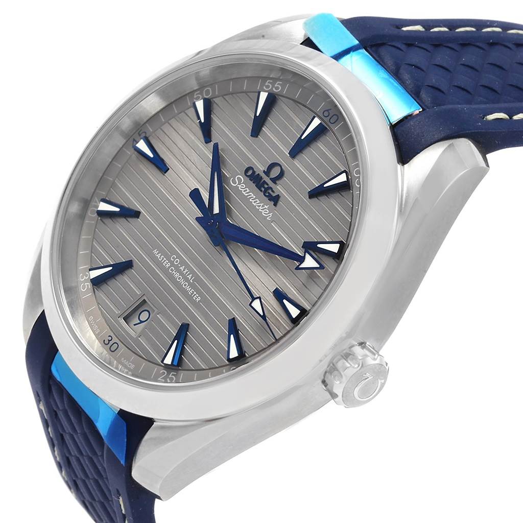 The image shows an angled view of an Omega Seamaster 220.12.41.21.06.001 Men
s Stainless Steel Grey Dial 220.12.41.21.06.001 Men
s Stainless Steel Grey Dial watch, highlighting the face, hands, crown, and part of the strap.