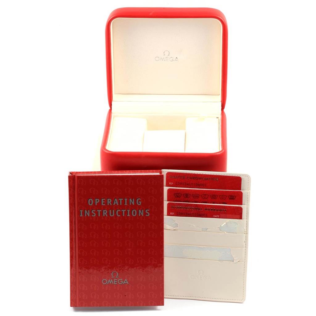 The image shows an open Omega Seamaster 220.12.41.21.06.001 Men
s Stainless Steel Grey Dial 220.12.41.21.06.001 Men
s Stainless Steel Grey Dial watch box, an operating instructions booklet, and documentation cards in a holder.