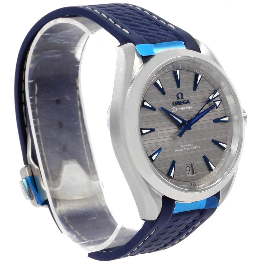 The image shows a side angle view of the Omega Seamaster 220.12.41.21.06.001 Men
s Stainless Steel Grey Dial 220.12.41.21.06.001 Men
s Stainless Steel Grey Dial watch, highlighting its face, bezel, and blue strap.