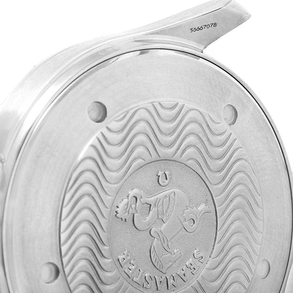 The image shows the back case of an Omega Seamaster 2541.80.00 Men
s Stainless Steel Blue Dial 2541.80.00 Men
s Stainless Steel Blue Dial watch featuring an engraved design and model-specific serial number.