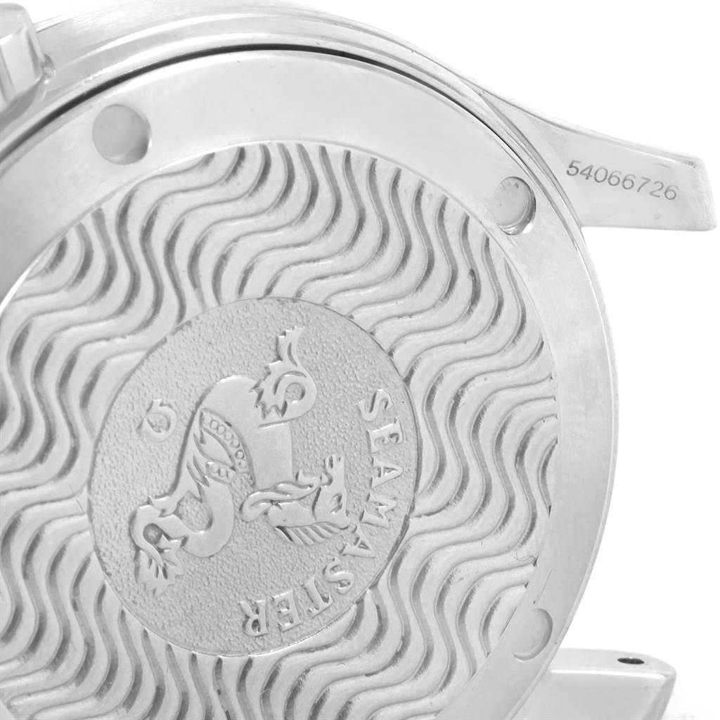 This image shows the engraved case back of an Omega Seamaster 2561.80.00 Men
s Stainless Steel Blue Dial 2561.80.00 Men
s Stainless Steel Blue Dial watch with detailed wave patterns.