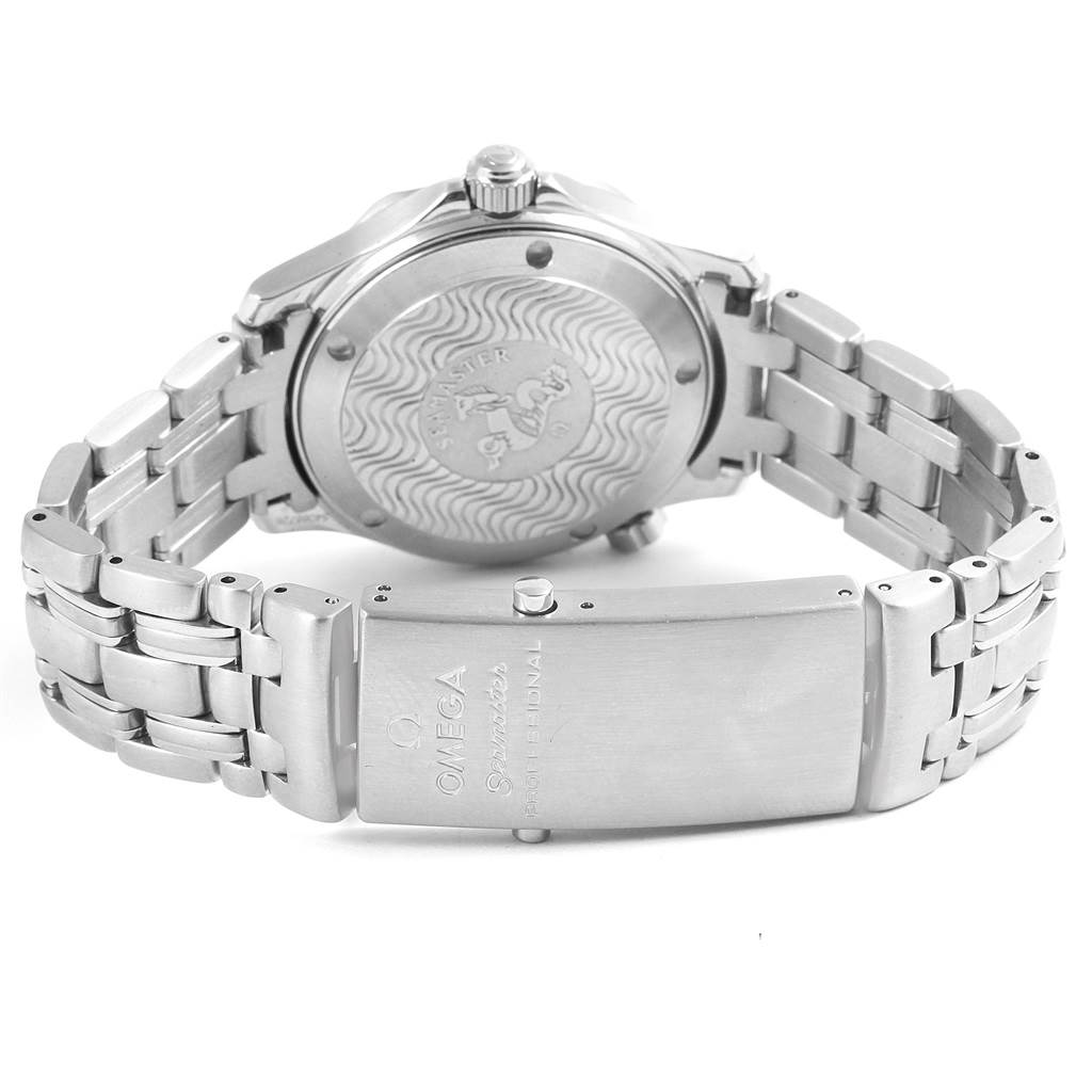 The image shows the back case and metal bracelet clasp of an Omega Seamaster 2561.80.00 Men
s Stainless Steel Blue Dial 2561.80.00 Men
s Stainless Steel Blue Dial watch.