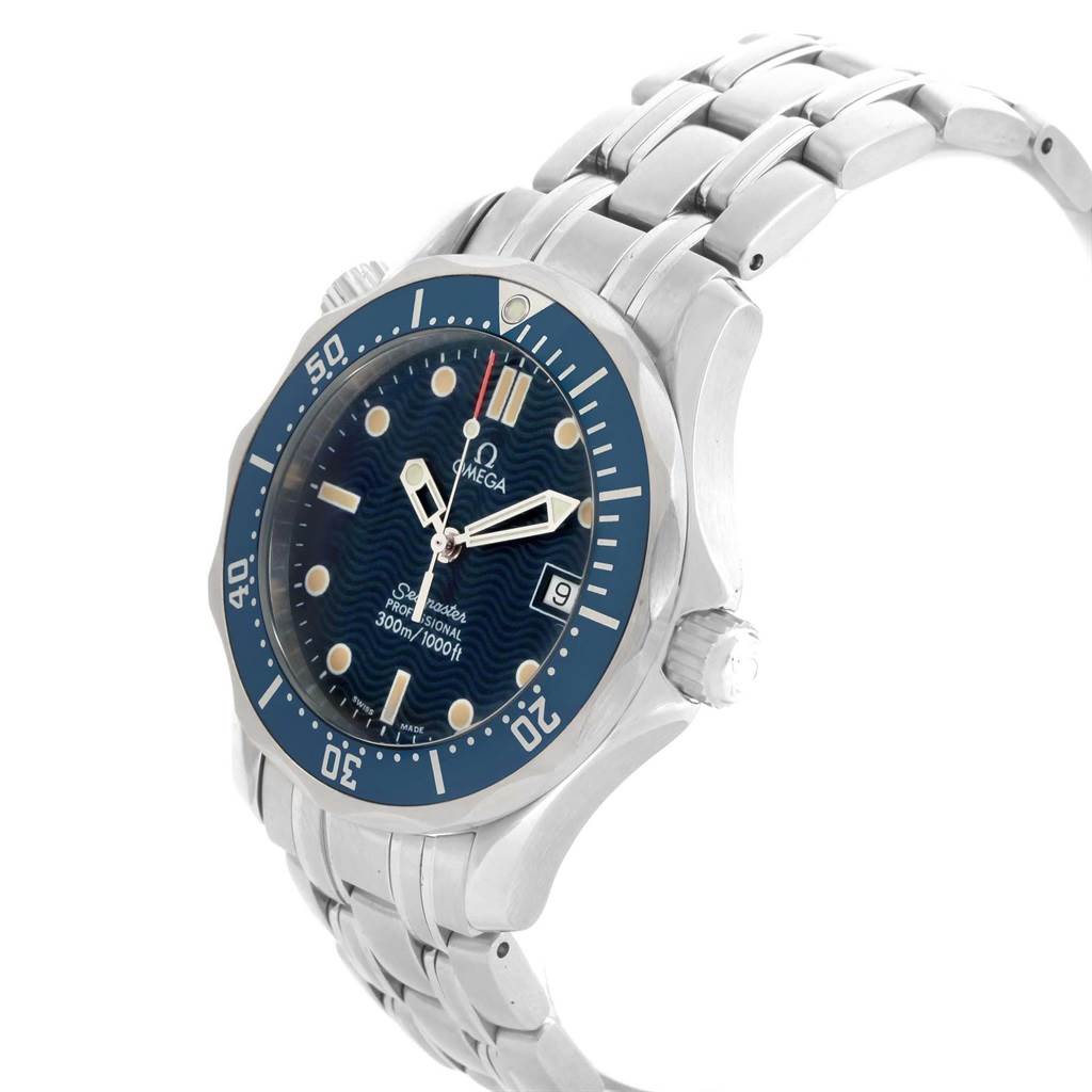 The image shows a side angle of the Omega Seamaster 2561.80.00 Men
s Stainless Steel Blue Dial 2561.80.00 Men
s Stainless Steel Blue Dial watch, displaying the face, bezel, crown, and stainless steel bracelet.