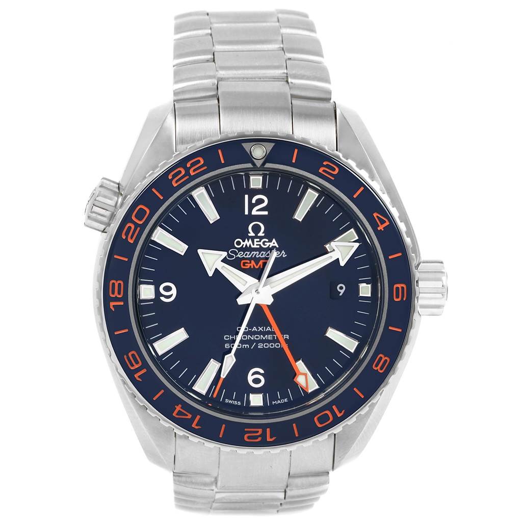 The image shows a front view of an Omega Seamaster 232.30.44.22.03.001 Men
s Stainless Steel Blue Dial 232.30.44.22.03.001 Men
s Stainless Steel Blue Dial GMT watch, highlighting its face, bezel, and metal bracelet.