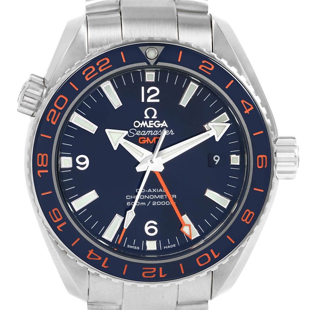The image shows a front view of the Omega Seamaster 232.30.44.22.03.001 Men
s Stainless Steel Blue Dial 232.30.44.22.03.001 Men
s Stainless Steel Blue Dial watch, displaying its dial, bezel, hands, and stainless steel bracelet.