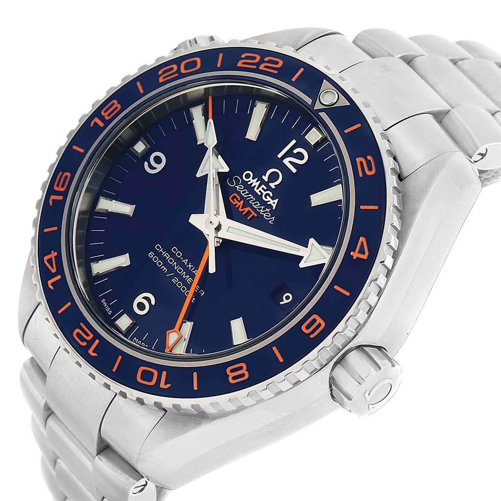 The image shows an angled view of the Omega Seamaster 232.30.44.22.03.001 Men
s Stainless Steel Blue Dial 232.30.44.22.03.001 Men
s Stainless Steel Blue Dial GMT watch, highlighting the face, bezel, crown, and part of the bracelet.
