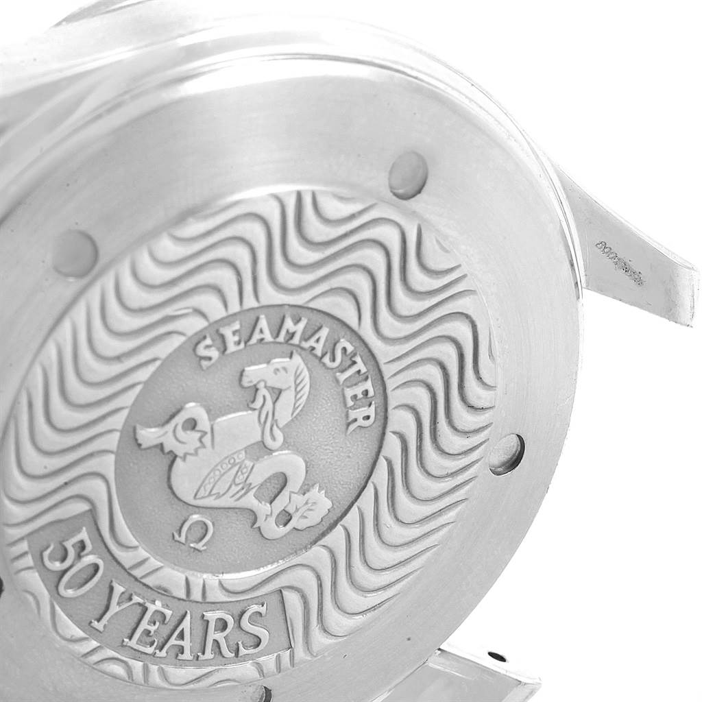 This image shows the engraved case back of an Omega Seamaster 2534.50.00 Men
s Stainless Steel Black Dial 2534.50.00 Men
s Stainless Steel Black Dial watch, featuring a 50th anniversary mark.