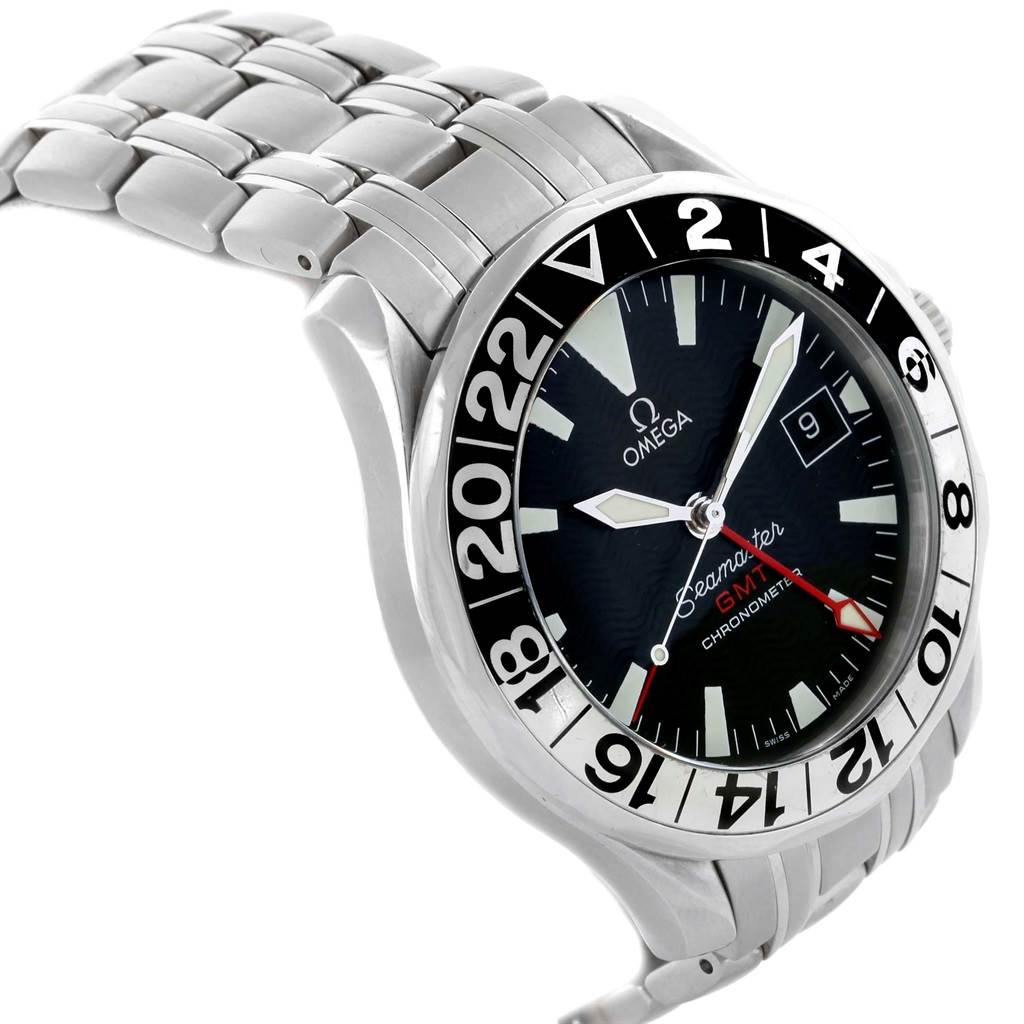 The Omega Seamaster 2534.50.00 Men
s Stainless Steel Black Dial 2534.50.00 Men
s Stainless Steel Black Dial watch is shown at an angled view, featuring its stainless steel bracelet, GMT bezel, black dial, and date window.