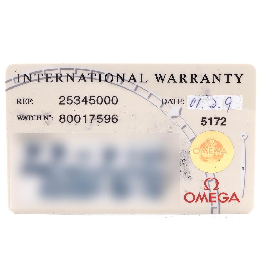 The image shows the International Warranty card for an Omega Seamaster 2534.50.00 Men
s Stainless Steel Black Dial 2534.50.00 Men
s Stainless Steel Black Dial watch, displaying model and serial numbers.
