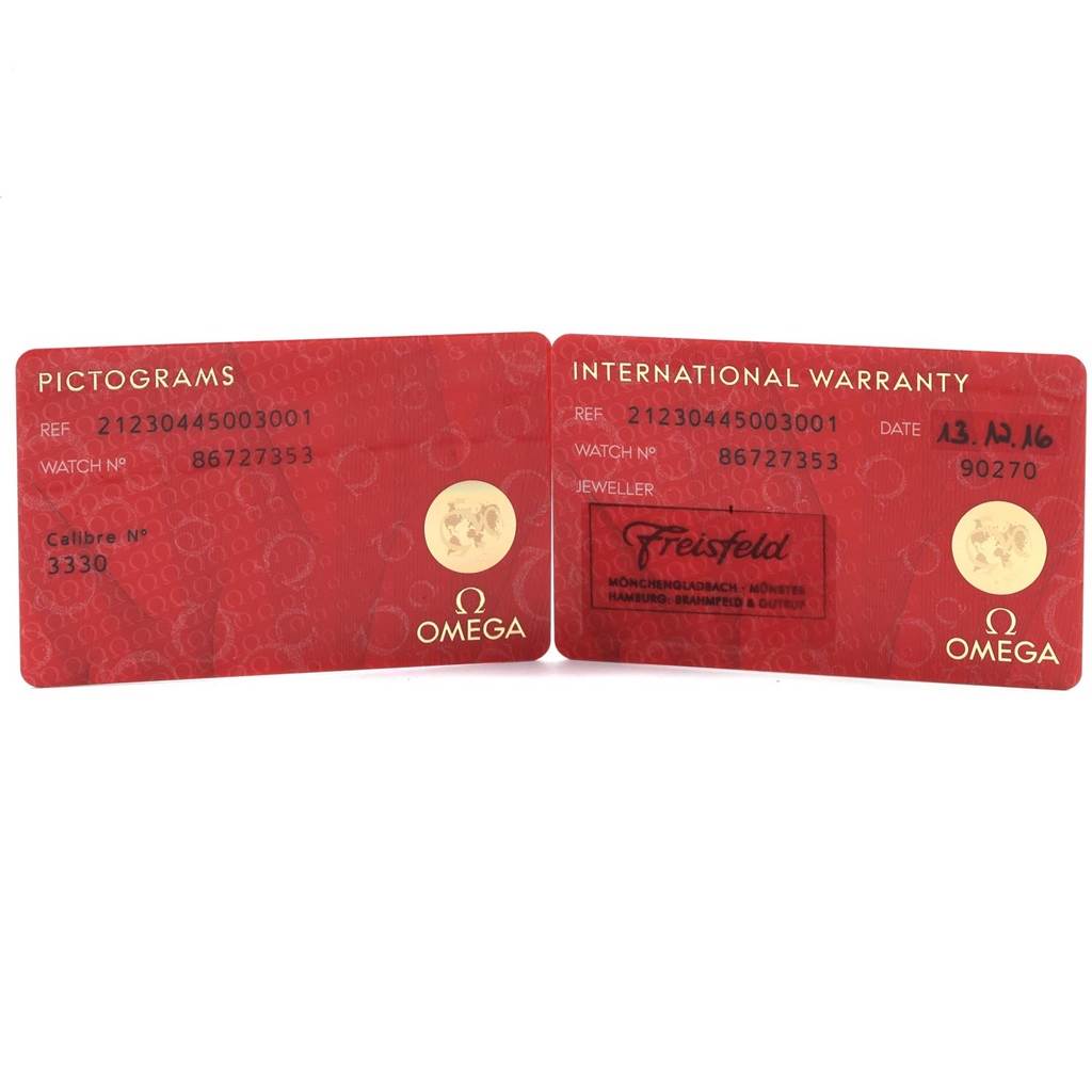 The image shows two red cards for the Omega Seamaster 212.30.44.50.03.001 Men
s Stainless Steel Blue Dial 212.30.44.50.03.001 Men
s Stainless Steel Blue Dial watch: an international warranty card and a pictograms card.