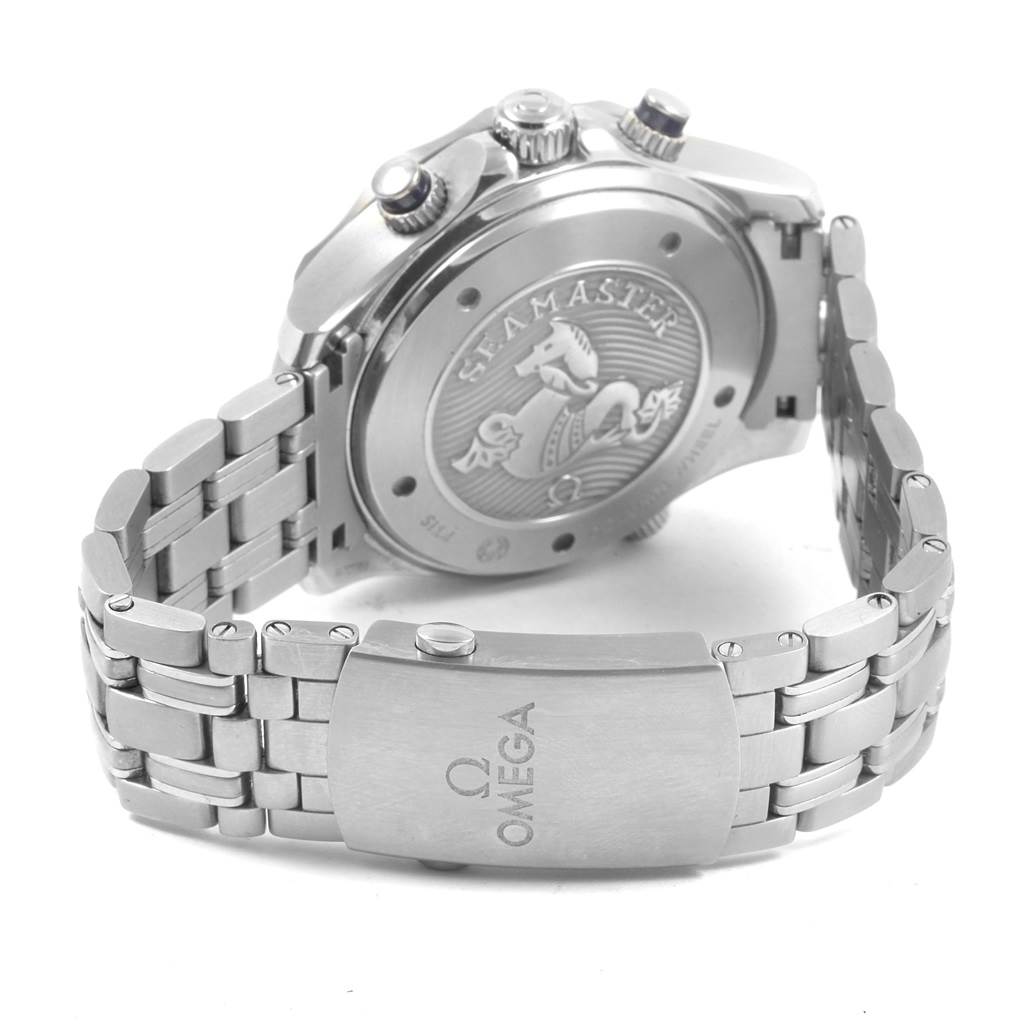 This image shows a rear angle of an Omega Seamaster 212.30.44.50.03.001 Men
s Stainless Steel Blue Dial 212.30.44.50.03.001 Men
s Stainless Steel Blue Dial watch, highlighting the case back, bracelet, and clasp.