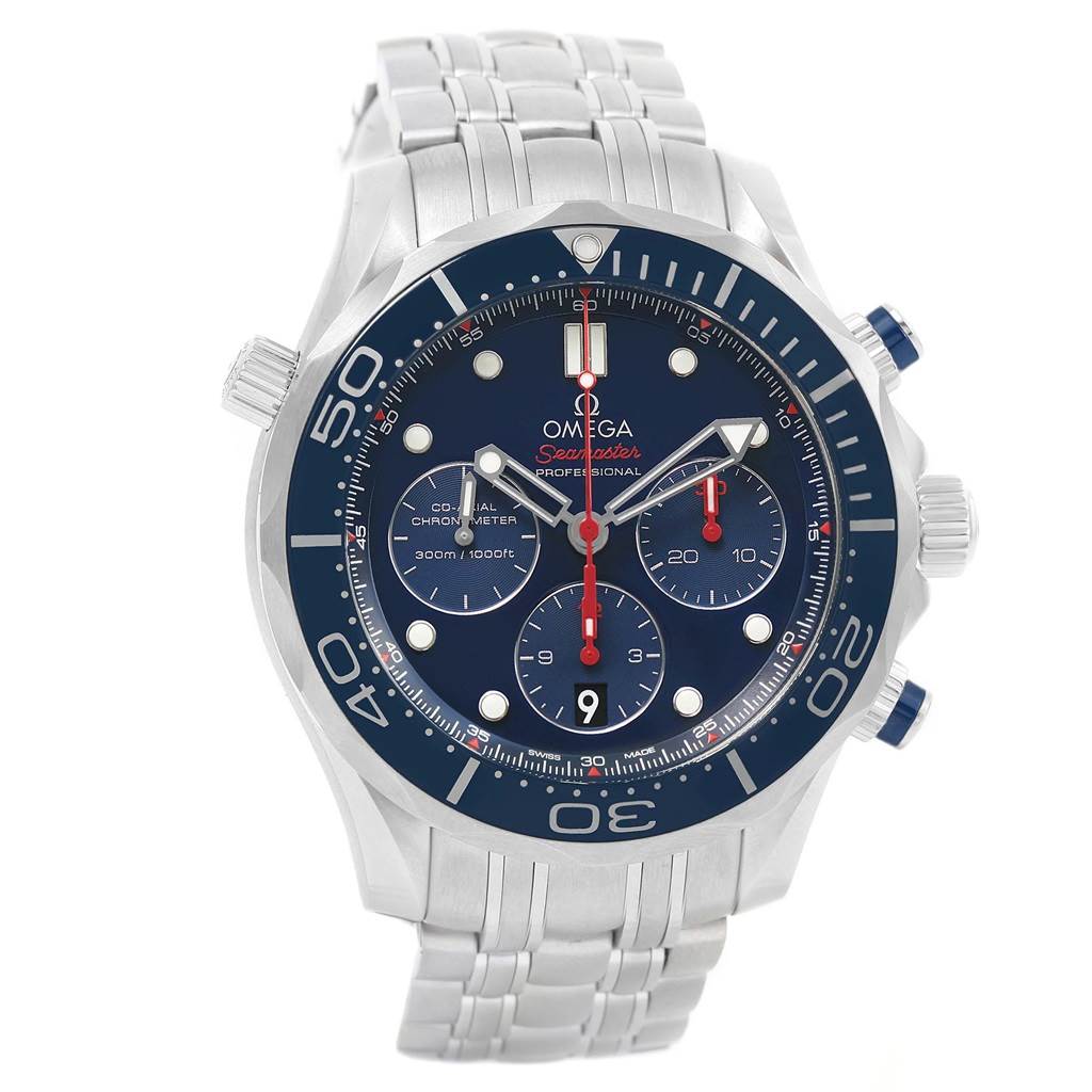 The image shows a frontal view of the Omega Seamaster 212.30.44.50.03.001 Men
s Stainless Steel Blue Dial 212.30.44.50.03.001 Men
s Stainless Steel Blue Dial watch, displaying its blue dial, subdials, and stainless steel bracelet.