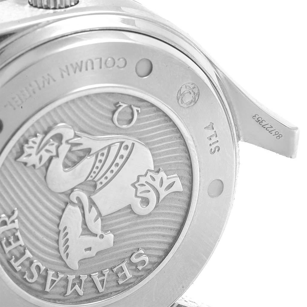 This image shows the case back of an Omega Seamaster 212.30.44.50.03.001 Men
s Stainless Steel Blue Dial 212.30.44.50.03.001 Men
s Stainless Steel Blue Dial watch, highlighting its engraved logo and serial number.