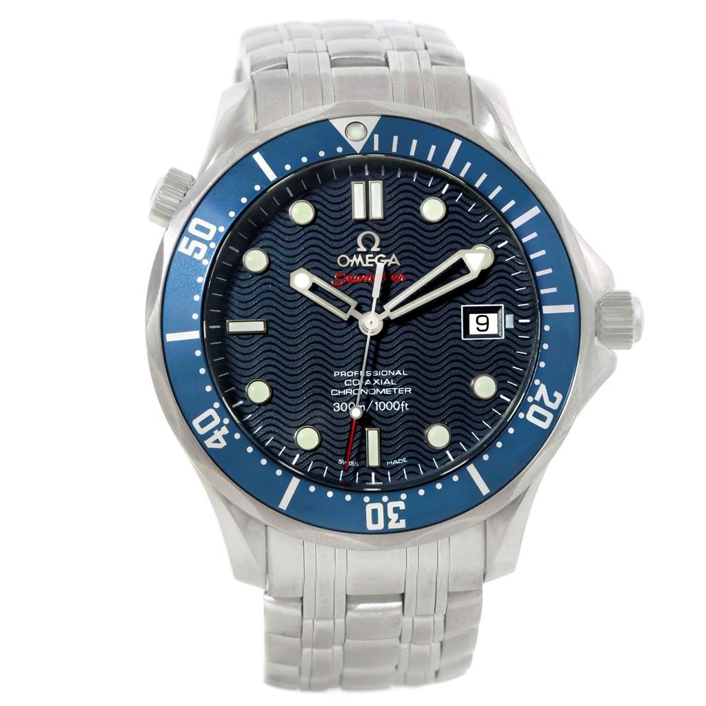 The image shows a front view of the Omega Seamaster 2220.80.00 Men's Stainless Steel Blue Dial 2220.80.00 Men's Stainless Steel Blue Dial watch, displaying its face, bezel, and bracelet.