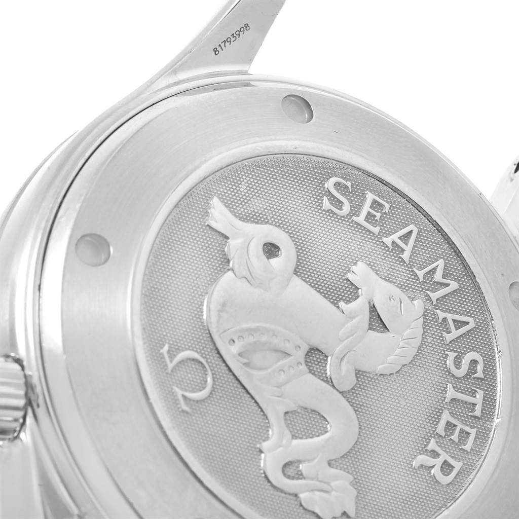 This image shows the back case of the Omega Seamaster 2220.80.00 Men's Stainless Steel Blue Dial 2220.80.00 Men's Stainless Steel Blue Dial watch at an angled close-up view, highlighting the Seamaster logo.