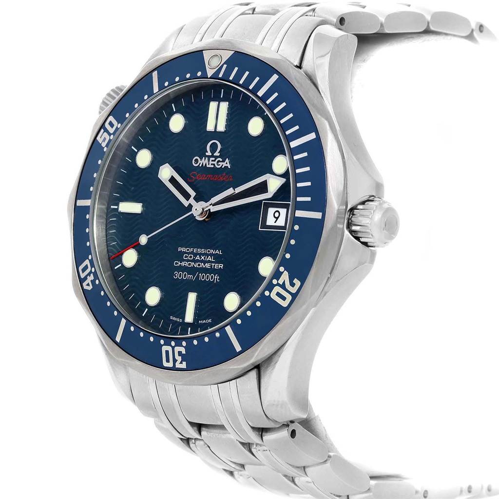 The image shows an Omega Seamaster 2220.80.00 Men's Stainless Steel Blue Dial 2220.80.00 Men's Stainless Steel Blue Dial watch at a three-quarter angle, displaying the face, bezel, bracelet, and crown.
