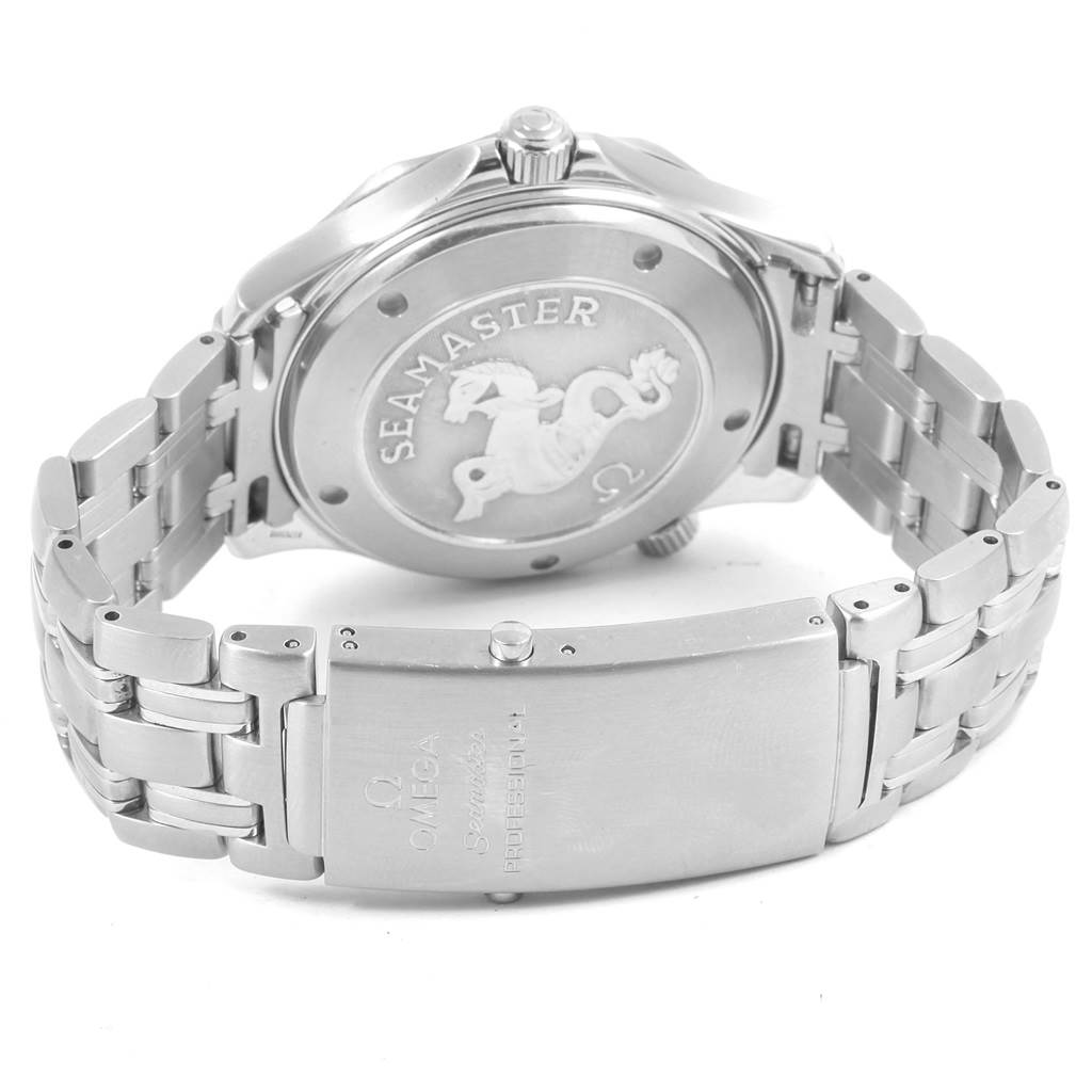 The image shows the back view of an Omega Seamaster 2220.80.00 Men's Stainless Steel Blue Dial 2220.80.00 Men's Stainless Steel Blue Dial watch, highlighting its case back and metal bracelet clasp.