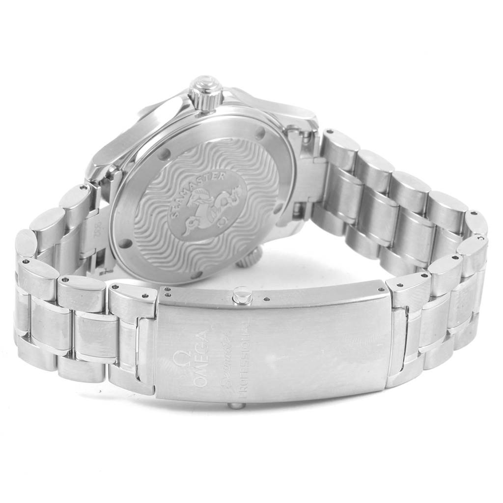 The Omega Seamaster 2262.50.00 Men
s Stainless Steel Black Dial 2262.50.00 Men
s Stainless Steel Black Dial watch is shown from the back, highlighting its engraved case back and a metal bracelet with a clasp.