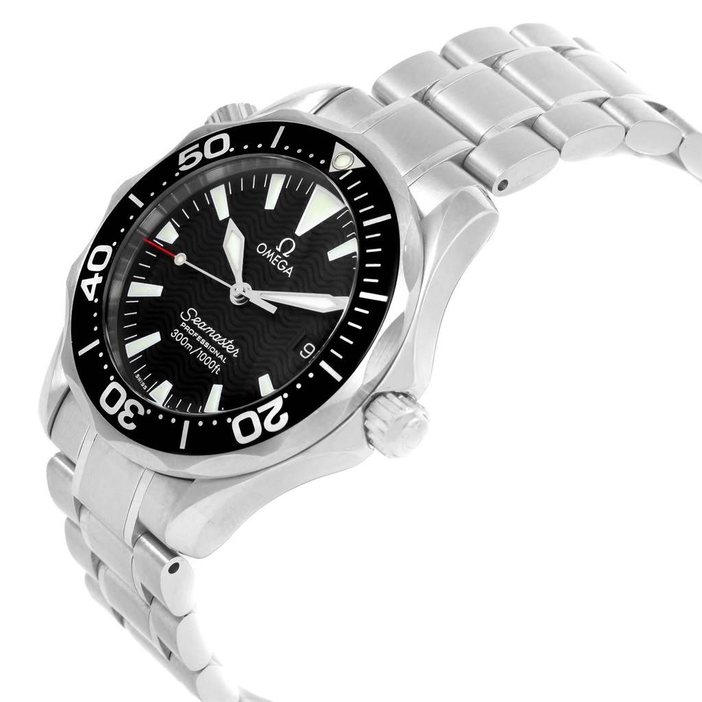 The image shows a side angle of the Omega Seamaster 2262.50.00 Men
s Stainless Steel Black Dial 2262.50.00 Men
s Stainless Steel Black Dial watch, highlighting the watch
s face, bezel, and metal bracelet.