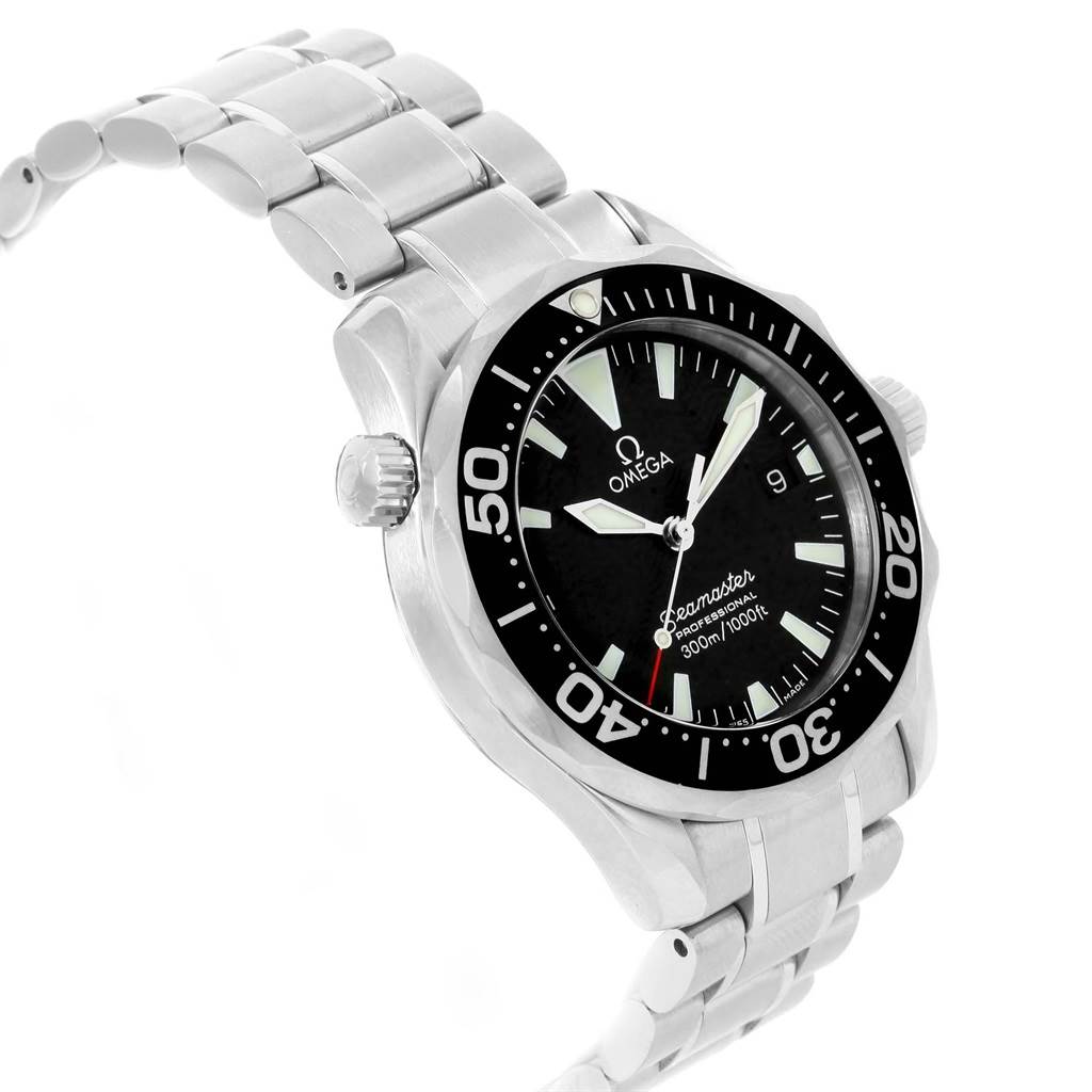 The Omega Seamaster 2262.50.00 Men
s Stainless Steel Black Dial 2262.50.00 Men
s Stainless Steel Black Dial watch is shown from a front angled view, displaying its face, bezel, case, and stainless steel bracelet.