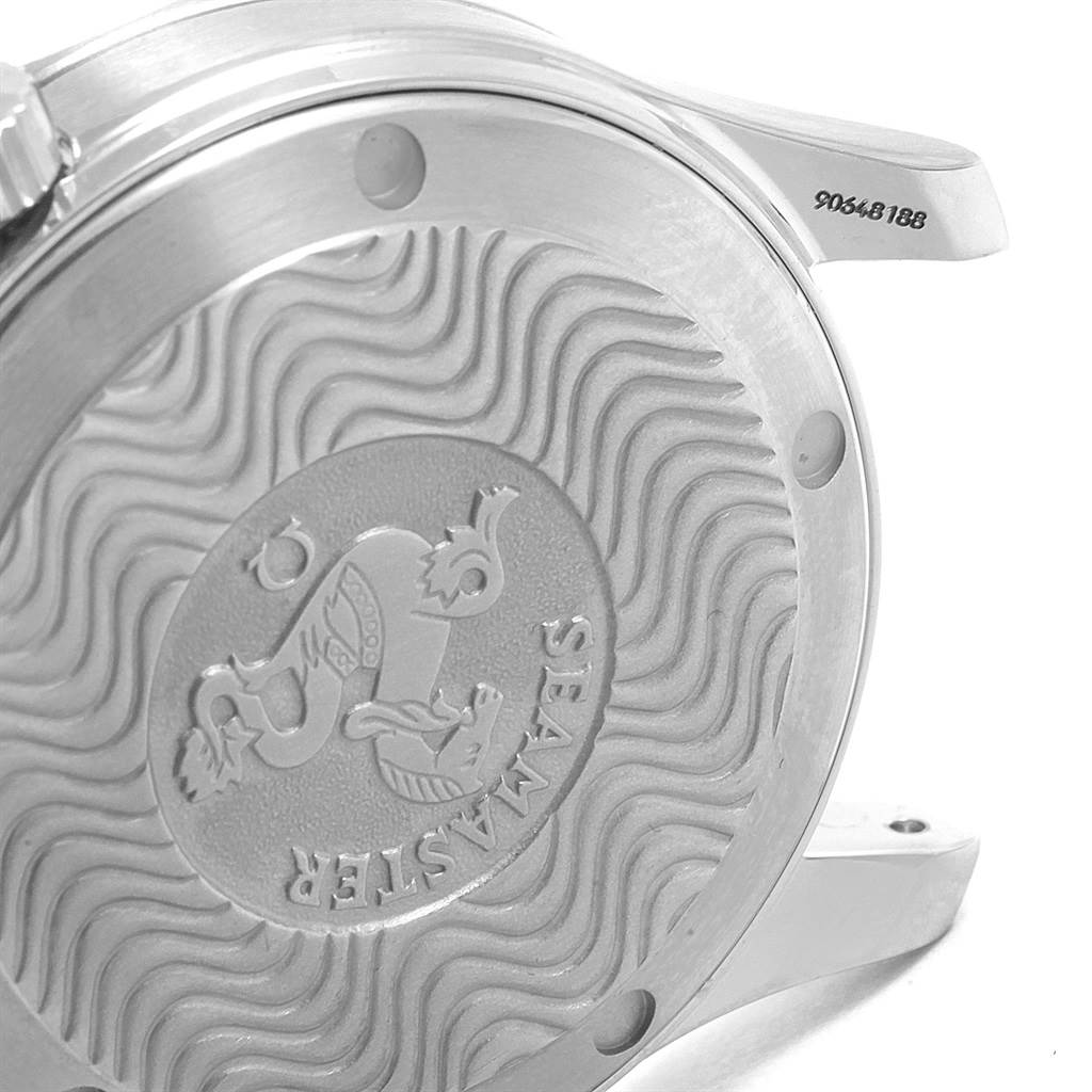 The image shows the case back of an Omega Seamaster 2262.50.00 Men
s Stainless Steel Black Dial 2262.50.00 Men
s Stainless Steel Black Dial watch with the distinctive wave pattern and logo.