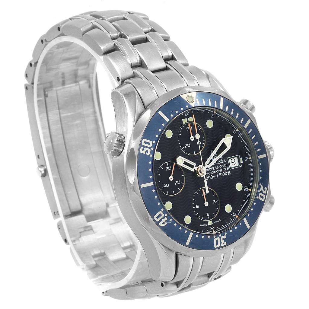 The image shows a side and angled view of the Omega Seamaster 2599.80.00 Men
s Stainless Steel Blue Dial 2599.80.00 Men
s Stainless Steel Blue Dial watch, highlighting the face, bezel, and metal bracelet.