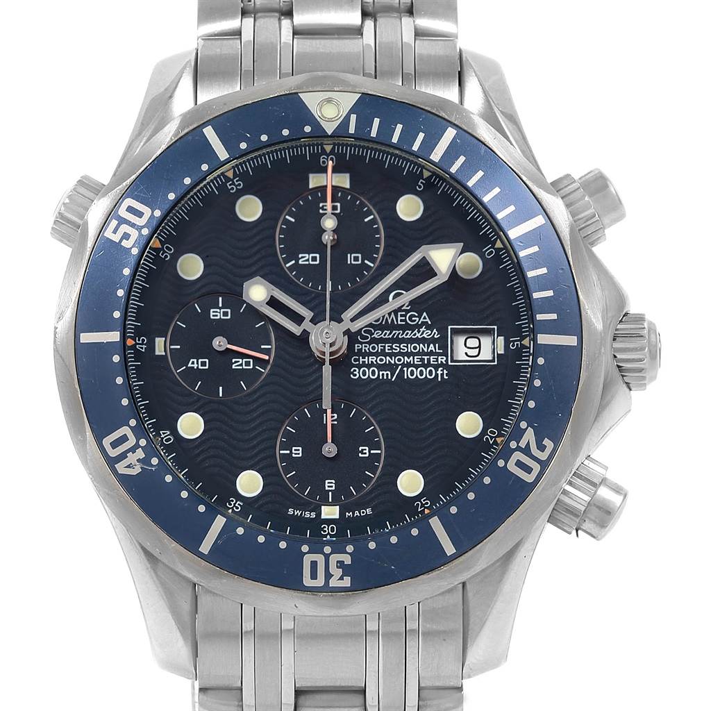 This image shows a front view of the Omega Seamaster 2599.80.00 Men
s Stainless Steel Blue Dial 2599.80.00 Men
s Stainless Steel Blue Dial Professional Chronometer watch, displaying its dial, bezel, crown, and bracelet.