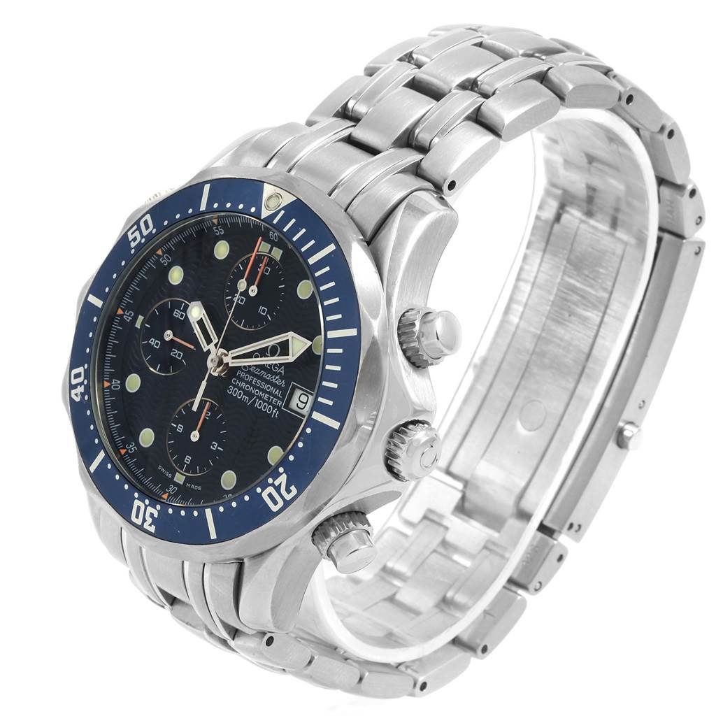 The image shows an Omega Seamaster 2599.80.00 Men
s Stainless Steel Blue Dial 2599.80.00 Men
s Stainless Steel Blue Dial watch at an angled side view, highlighting the dial, bezel, case, and bracelet.