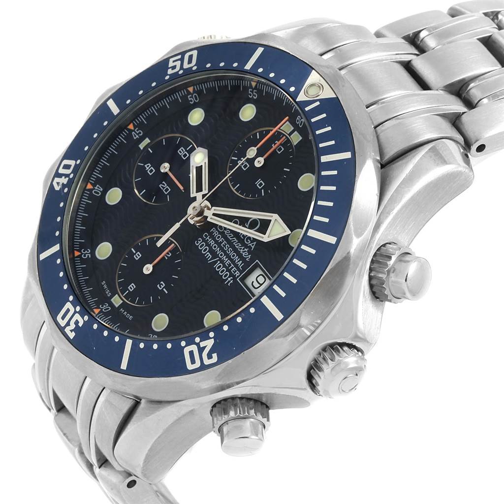 The image shows an Omega Seamaster 2599.80.00 Men
s Stainless Steel Blue Dial 2599.80.00 Men
s Stainless Steel Blue Dial watch at an angle, highlighting its face, bezel, and three pushers/crowns on the side.
