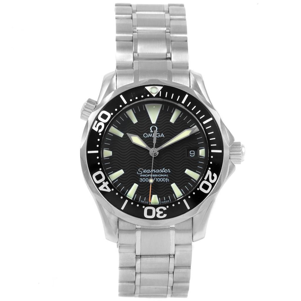 The Omega Seamaster 2262.50.00 Men
s Stainless Steel Black Dial 2262.50.00 Men
s Stainless Steel Black Dial watch is shown from a front angle, displaying the dial, bezel, case, and bracelet.