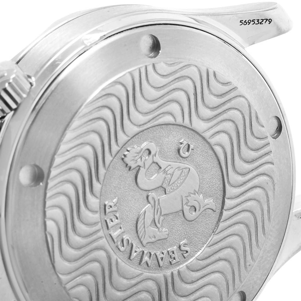 This image shows the back casing of an Omega Seamaster 2262.50.00 Men
s Stainless Steel Black Dial 2262.50.00 Men
s Stainless Steel Black Dial watch, highlighting the engraved design and serial number.