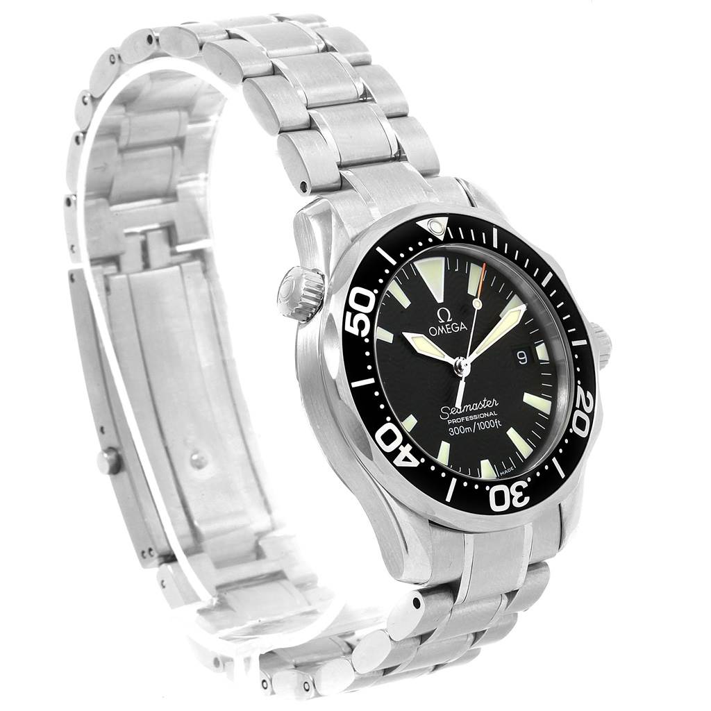 The image shows an Omega Seamaster 2262.50.00 Men
s Stainless Steel Black Dial 2262.50.00 Men
s Stainless Steel Black Dial watch angled to display the face, bezel, and part of the metal bracelet.