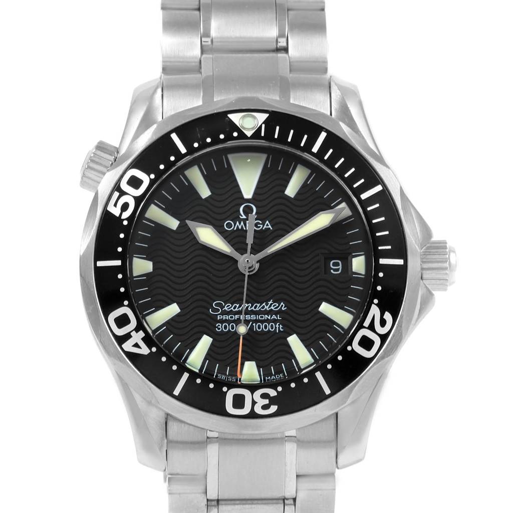The Omega Seamaster 2262.50.00 Men
s Stainless Steel Black Dial 2262.50.00 Men
s Stainless Steel Black Dial watch is shown from a front angle, highlighting its face, bezel, and metal bracelet.