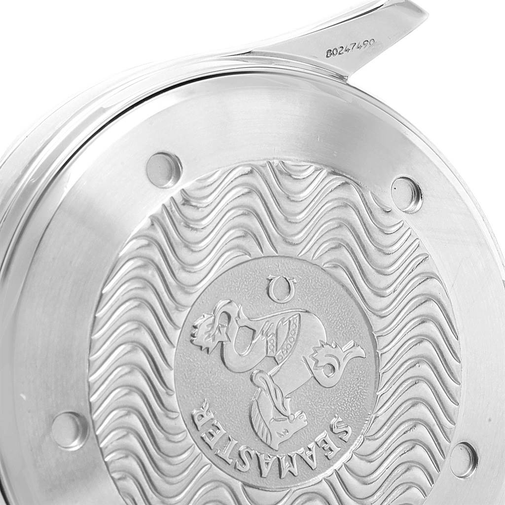 This image shows the engraved case back of an Omega Seamaster 2531.80.00 Men
s Stainless Steel Blue Dial 2531.80.00 Men
s Stainless Steel Blue Dial watch from a slightly oblique angle.