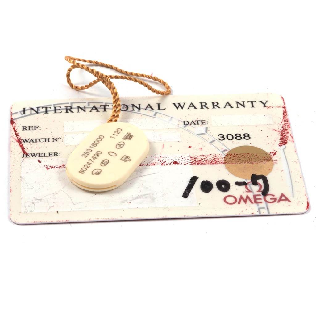 The image shows an Omega Seamaster 2531.80.00 Men
s Stainless Steel Blue Dial 2531.80.00 Men
s Stainless Steel Blue Dial international warranty card and a hangtag with a string.