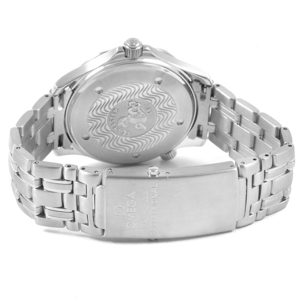 The image shows the back case and metal bracelet clasp of an Omega Seamaster 2531.80.00 Men
s Stainless Steel Blue Dial 2531.80.00 Men
s Stainless Steel Blue Dial watch from a rear angle.