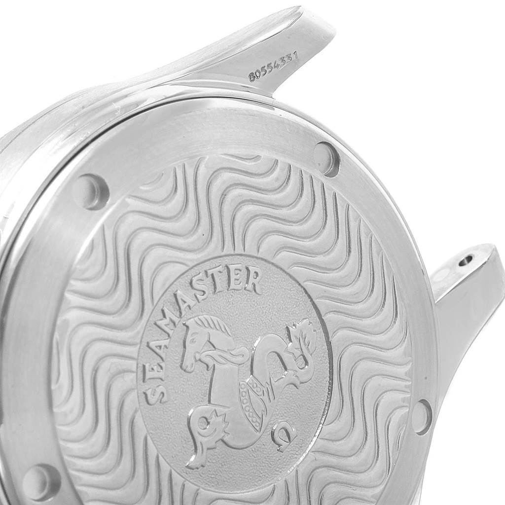 The image shows the case back of an Omega Seamaster 2236.50.00 Men
s Stainless Steel Black Dial 2236.50.00 Men
s Stainless Steel Black Dial watch, highlighting its engravings and texture.