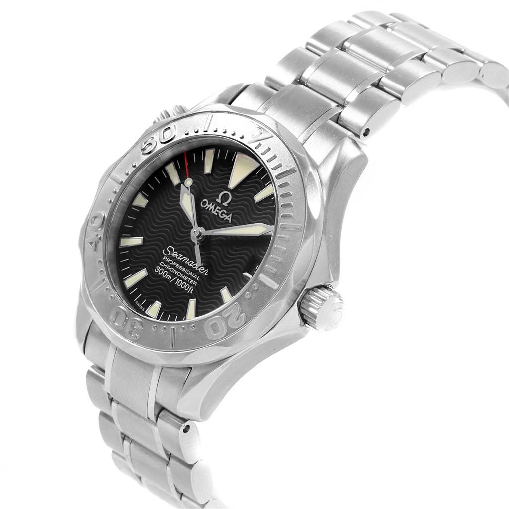The image shows a side and front view of the Omega Seamaster 2236.50.00 Men
s Stainless Steel Black Dial 2236.50.00 Men
s Stainless Steel Black Dial watch, highlighting its face, bezel, crown, and metal bracelet.